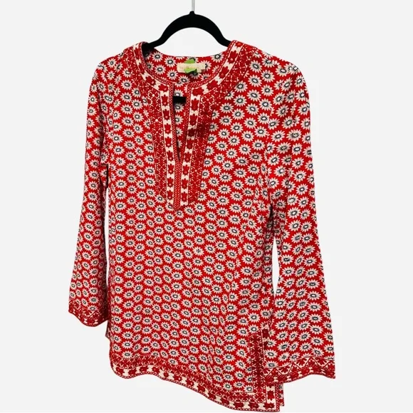 Tory Burch Jayne tunic red daisy floral print sequins embroidery boho spring - Picture 4 of 15